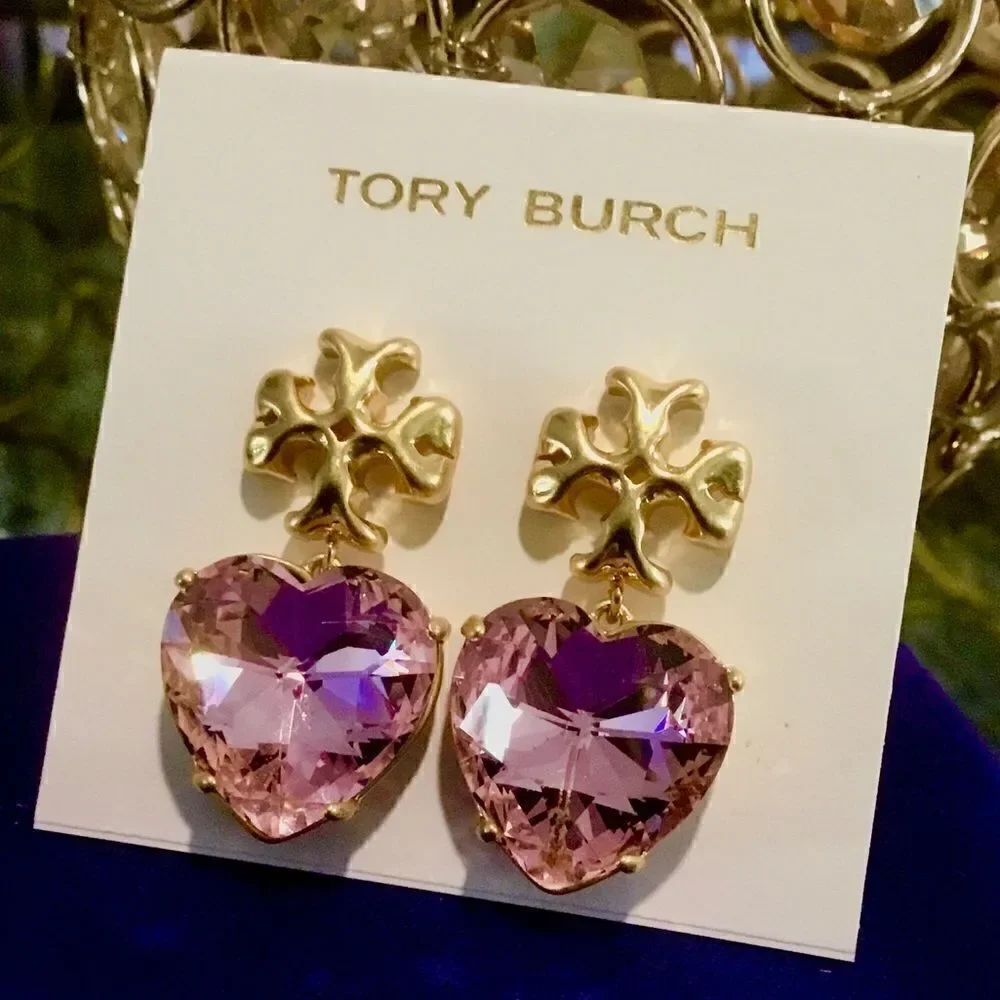 TORY BURCH ROXANNE PINK HEART CRYSTAL DIAMOND EARRINGS